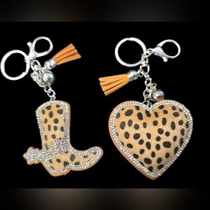 Leopard Print Rhinestone Bag Charm Keychains – Cowgirl Boot & Heart Set